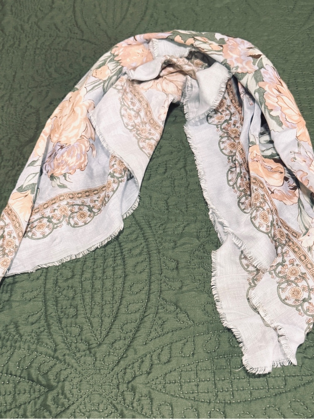 Light  Gray Floral Scarf with Peach Blooms